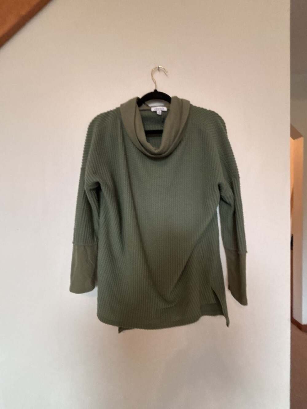 White Birch Thermal Cowl Neck Tunic Top Size S Olive Green Waffle Knit
